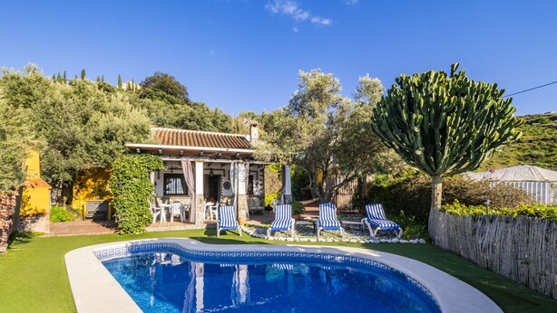 Una piscina de borde curvo, rodeada de césped y una valla de madera.