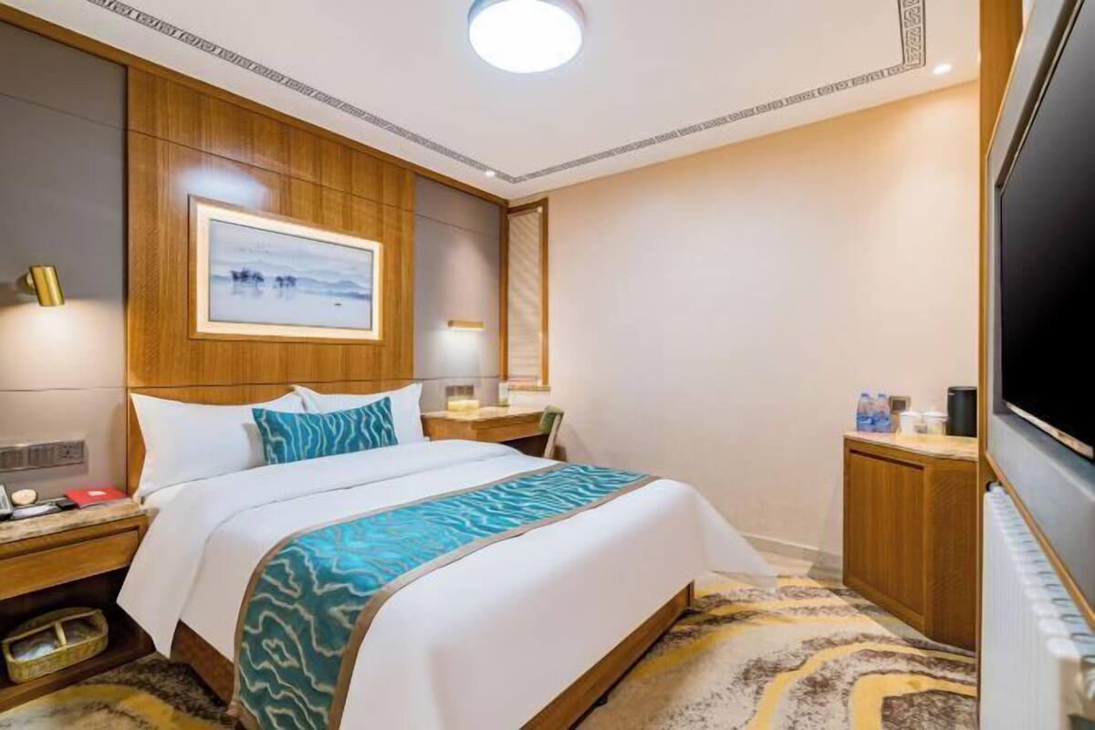 Hotelkamer met een bed, nachtkastjes, een televisie, een ingelijst beeld aan de muur en een vloerkleed.