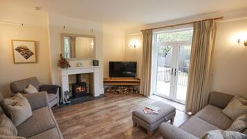 Smart TV, fireplace, stereo