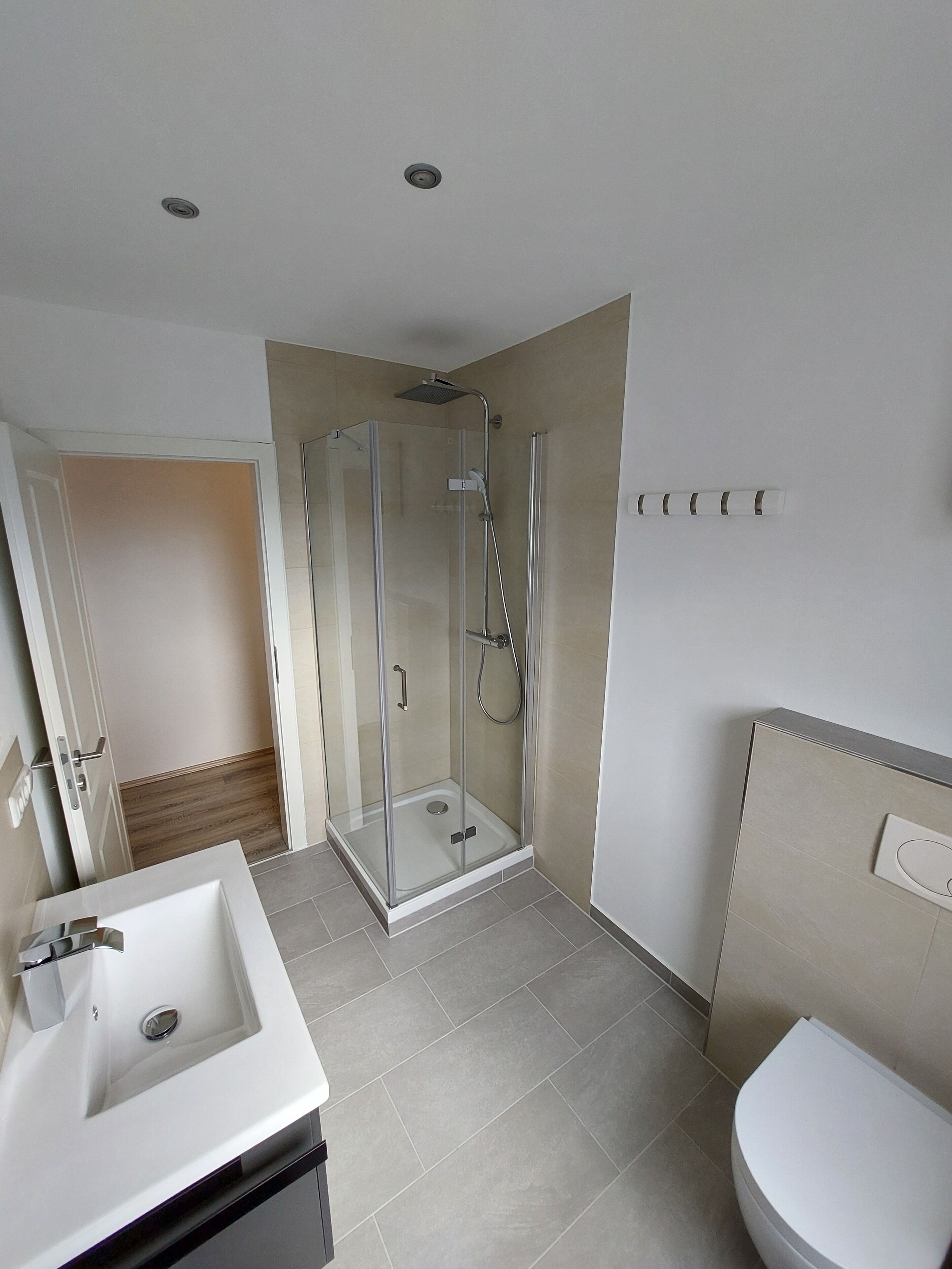 A modern bathroom with a glass-enclosed shower, a white sink, and a toilet.
