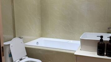 Shower, hair dryer, bidet, towels