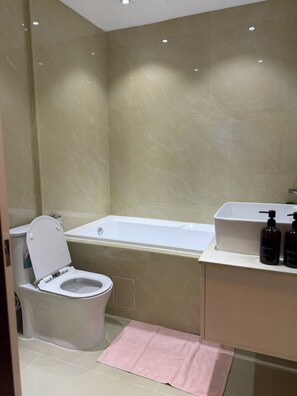 Regadera, secadora de cabello, bidet, toallas