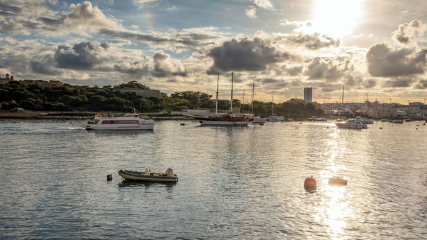 A harbor with boats and a cityscape in the background.