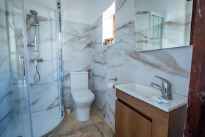 A bathroom with a glass-enclosed shower, a toilet, a sink with a mirror above it, and marble walls.