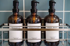 Shower, eco-friendly toiletries, hair dryer