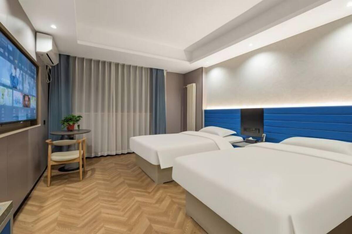 Une chambre d’hôtel avec deux lits, une petite table avec une chaise, une télévision et une plante en pot.