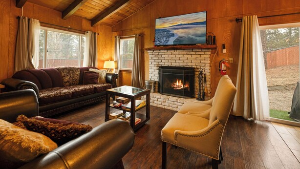 A cozy living room with a fireplace, wooden walls, and a large window.
