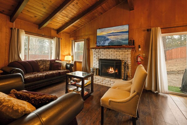 Smart TV, fireplace, books