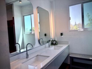 Hair dryer, towels, soap, shampoo