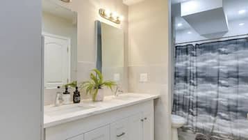 Shower, hair dryer, shampoo