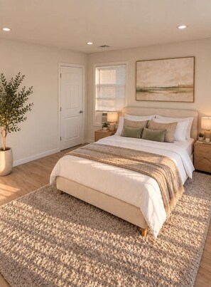 A bedroom with a bed, bedside tables, a potted plant, a window with blinds, and a painting on the wall.