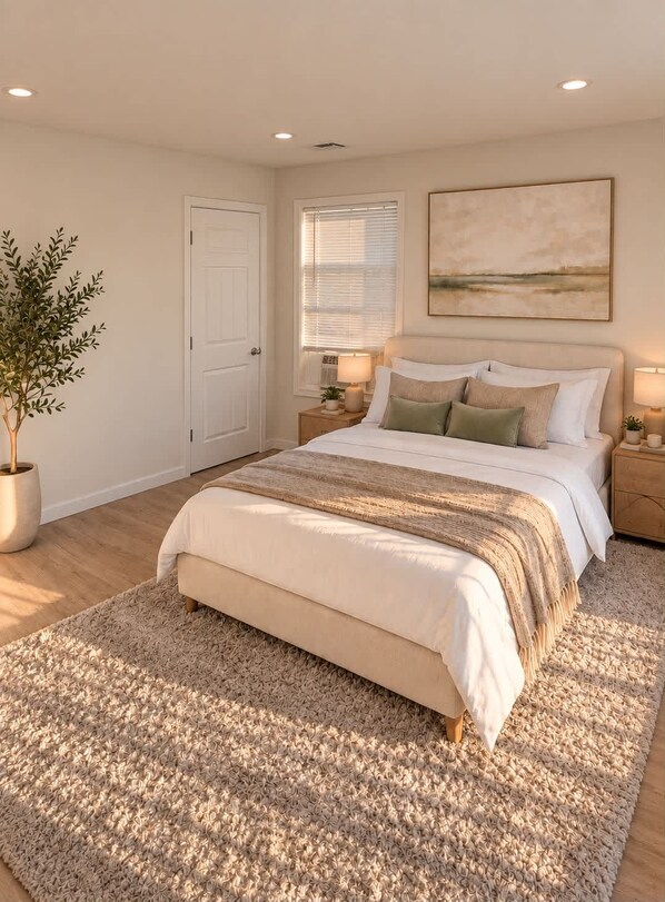 A bedroom with a bed, bedside tables, a potted plant, a window with blinds, and a painting on the wall.