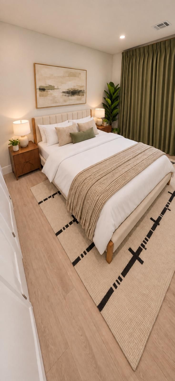Une chambre à coucher bien rangée, avec un lit, des tables de chevet, une lampe, une plante et un tableau accroché au mur.