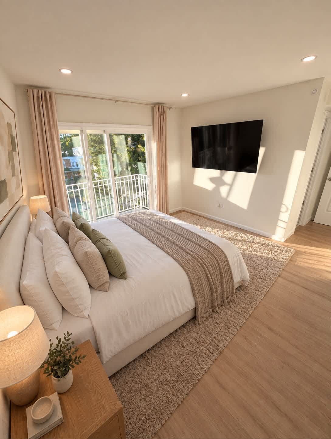 A bedroom with a large bed, a TV mounted on the wall, and a balcony with curtains.