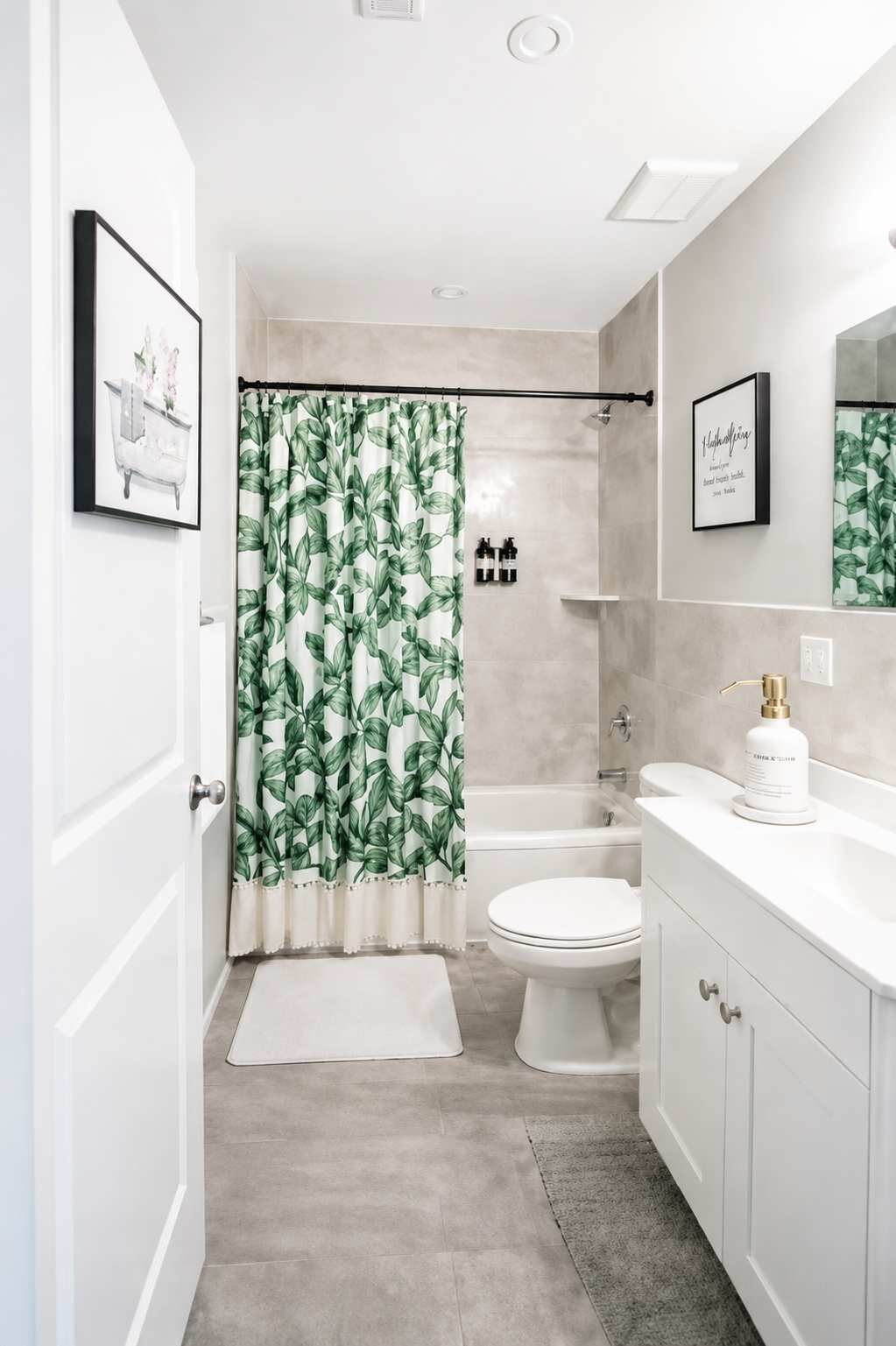 Shower, hair dryer, shampoo