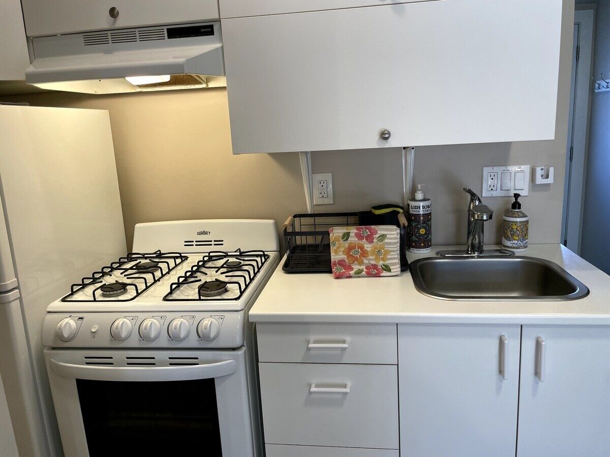 Uma cozinha compacta com fogão a gás, forno e pia com torneira. Há armários e bancada com uma embalagem de detergente e um recipiente.