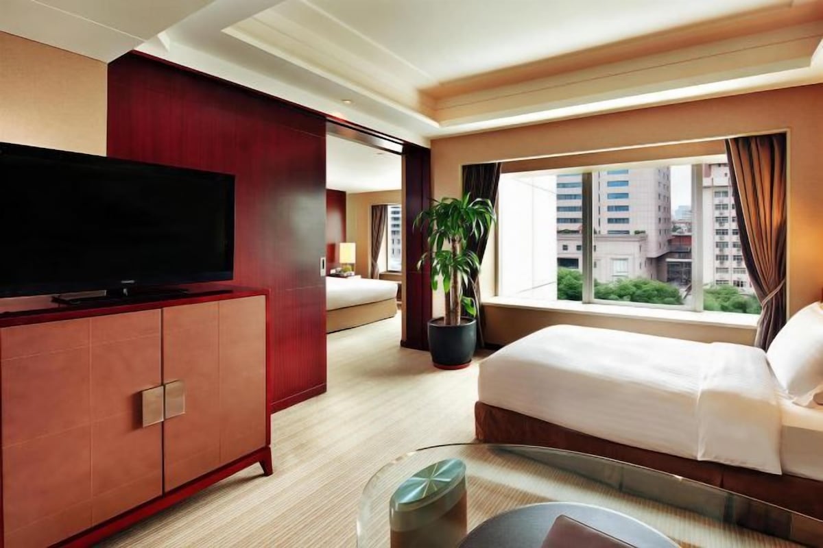 A hotel room with a bed, a TV, a potted plant, and a window with a city view.