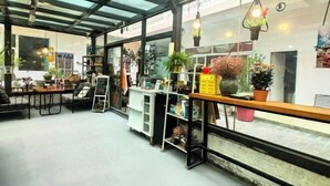 Un intérieur moderne avec un plafond en verre, des poutres métalliques et une variété de plantes.