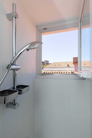 Shower, hair dryer, towels