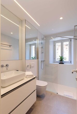 Douche, séchoir à cheveux, serviettes fournies