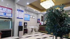 Zona de recepción con mostrador de check-in, asientos e información.