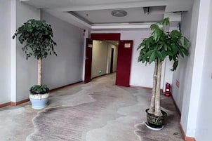 Un pasillo con dos plantas en macetas, una puerta roja y un extintor en la pared.