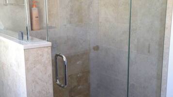 Shower, hair dryer, shampoo