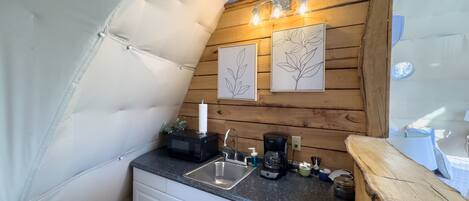 Fridge, microwave, coffee/tea maker