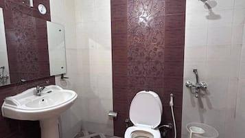 Shower, towels, soap, toilet paper