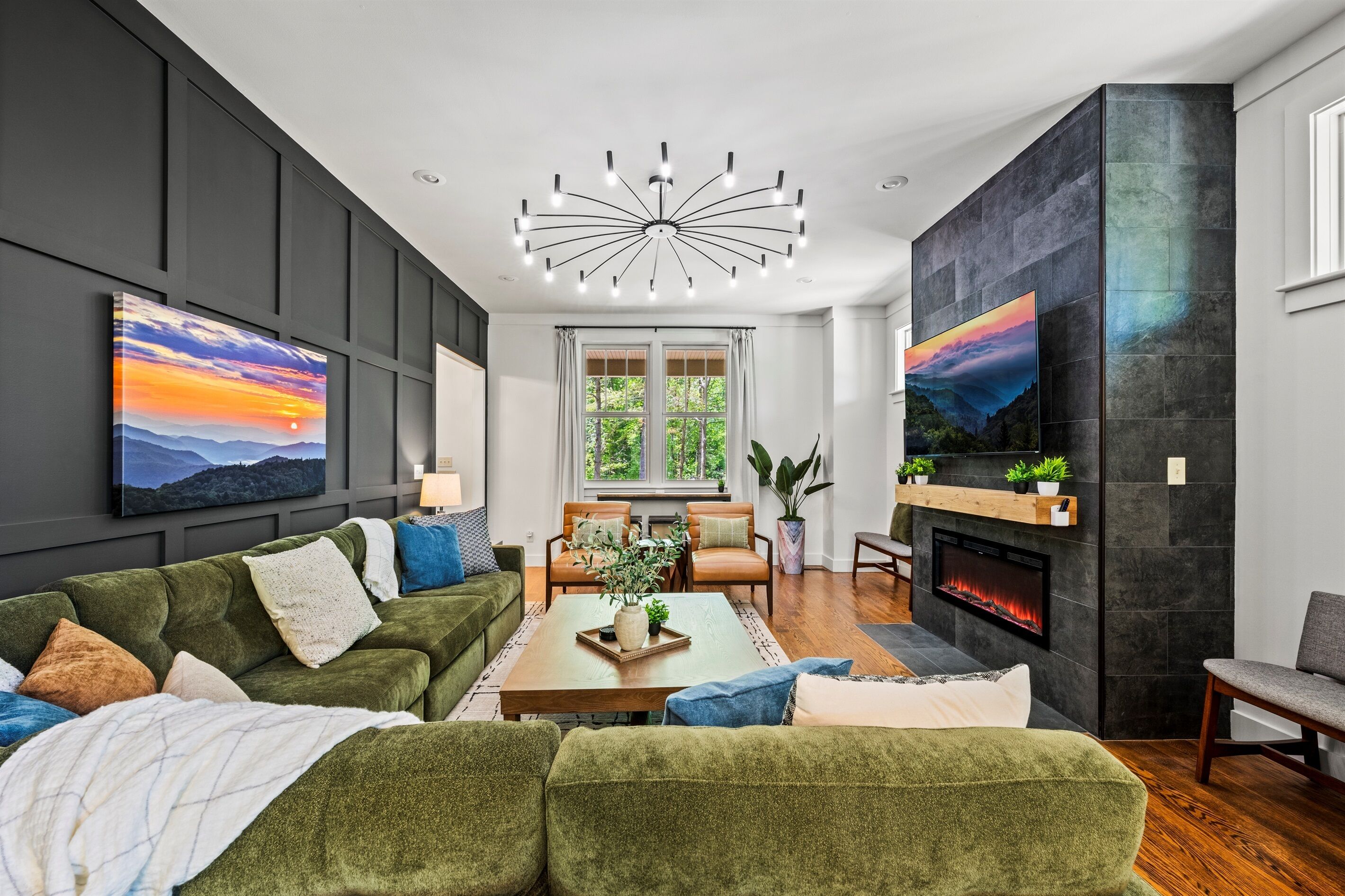 Smart TV, fireplace, video games, foosball