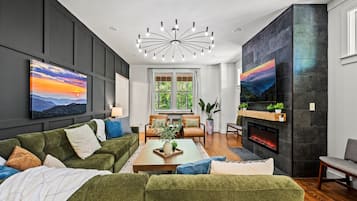 Smart TV, fireplace, video games, foosball