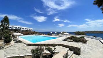 Seasonal outdoor pool, pool umbrellas, sun loungers