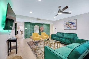 Smart TV, fireplace, video games, DVD player