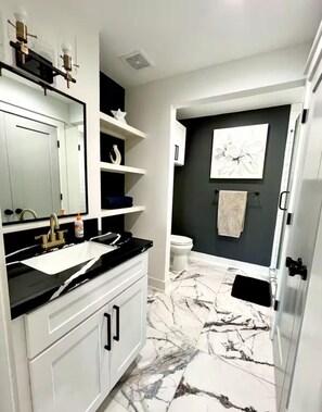 Shower, towels, toilet paper - Spacious Luxury Lakefront Home with Pool and Jacuzzi, Firepit, and Game Room! (Montgomery)