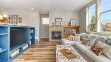 Smart TV, fireplace, books