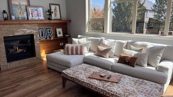 Smart TV, fireplace, books