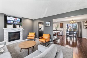 TV connectée, cheminée, jeux vidéo, livres