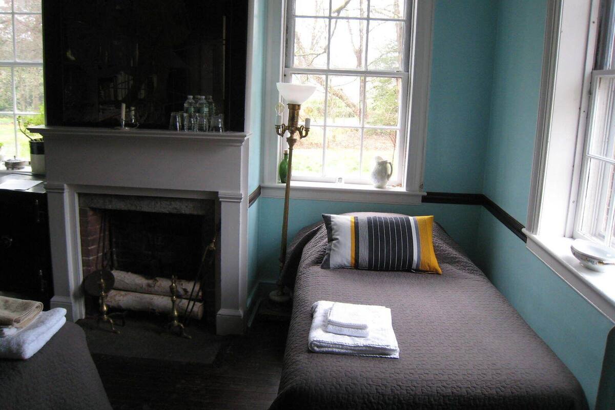 A cozy room with a fireplace, a bed with a pillow, and a window with a view of trees.