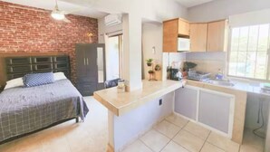 A compact bedroom with a bed and a small kitchenette.