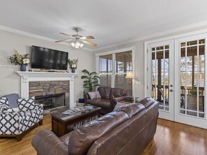 TV connectée, cheminée, lecteur de DVD, livres