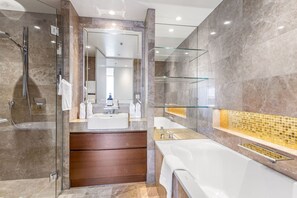 Hair dryer, towels, soap, shampoo