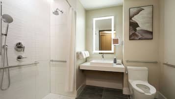 Une salle de bain moderne avec une douche à l’italienne, un lavabo avec un miroir et des toilettes.