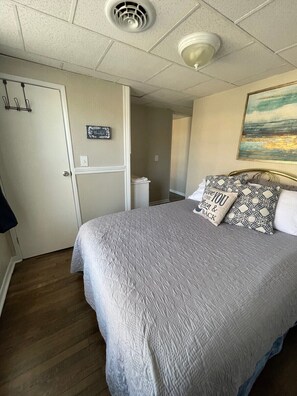 A bedroom with a bed, a headboard, a painting on the wall, and a door. - Modern apartment in downtown Coshocton (Coshocton)
