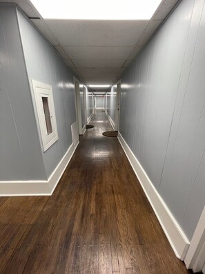A narrow hallway with wooden flooring and light gray walls. - 1 Bedroom Apartment in Downtown Coshocton (31) (Coshocton)