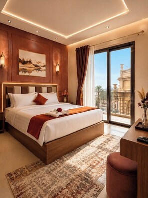 Une chambre d’hôtel moderne avec un grand lit, un bureau et une vue sur un immeuble, visible à travers une porte vitrée.
