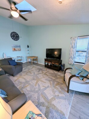 Smart TV, DVD player, books, video library