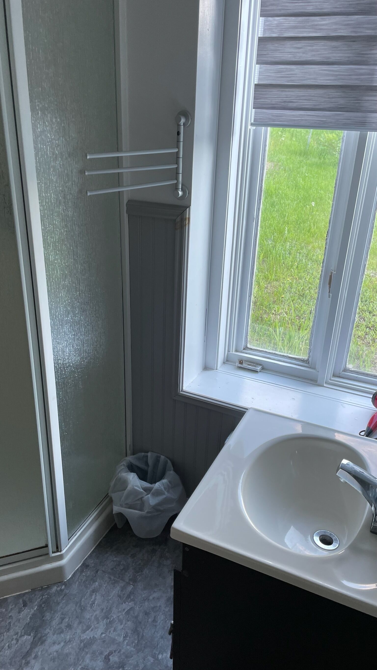 Shower, hair dryer, towels, toilet paper