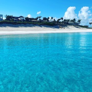 A beach with clear turquoise water, a sandy shore, and a row of buildings with palm trees.