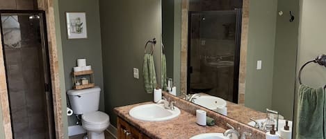 Douche, baignoire à remous, séchoir à cheveux, serviettes fournies