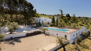 Eine moderne Villa mit Swimmingpool, umgeben von Bäumen und einer hügeligen Landschaft.